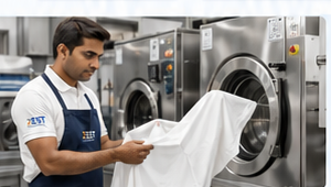 Laundry specialist checking white business linen