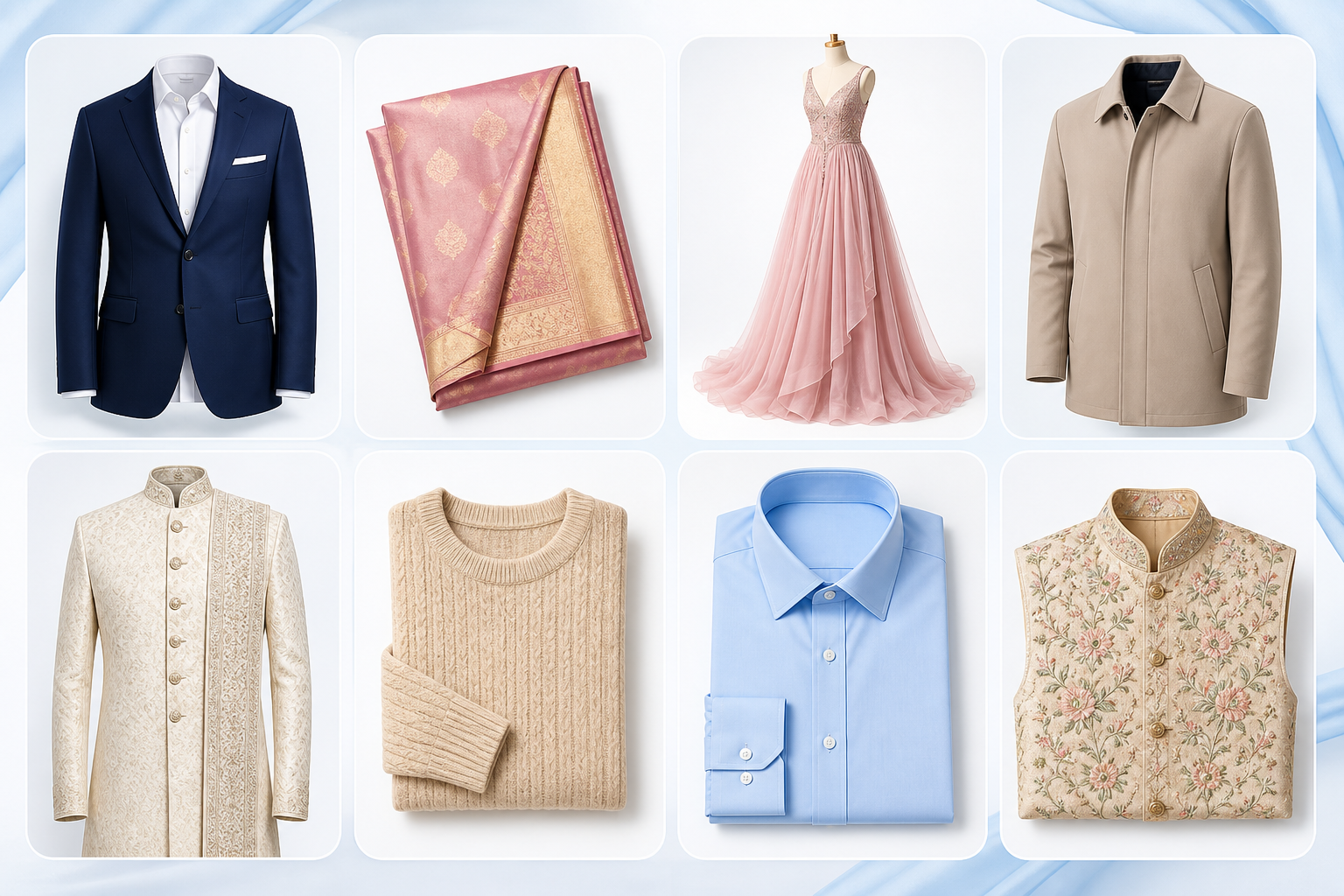 Dry cleaning garment categories including suits, sarees, dresses, coats, wedding wear, woollens, formal shirts and designer wear