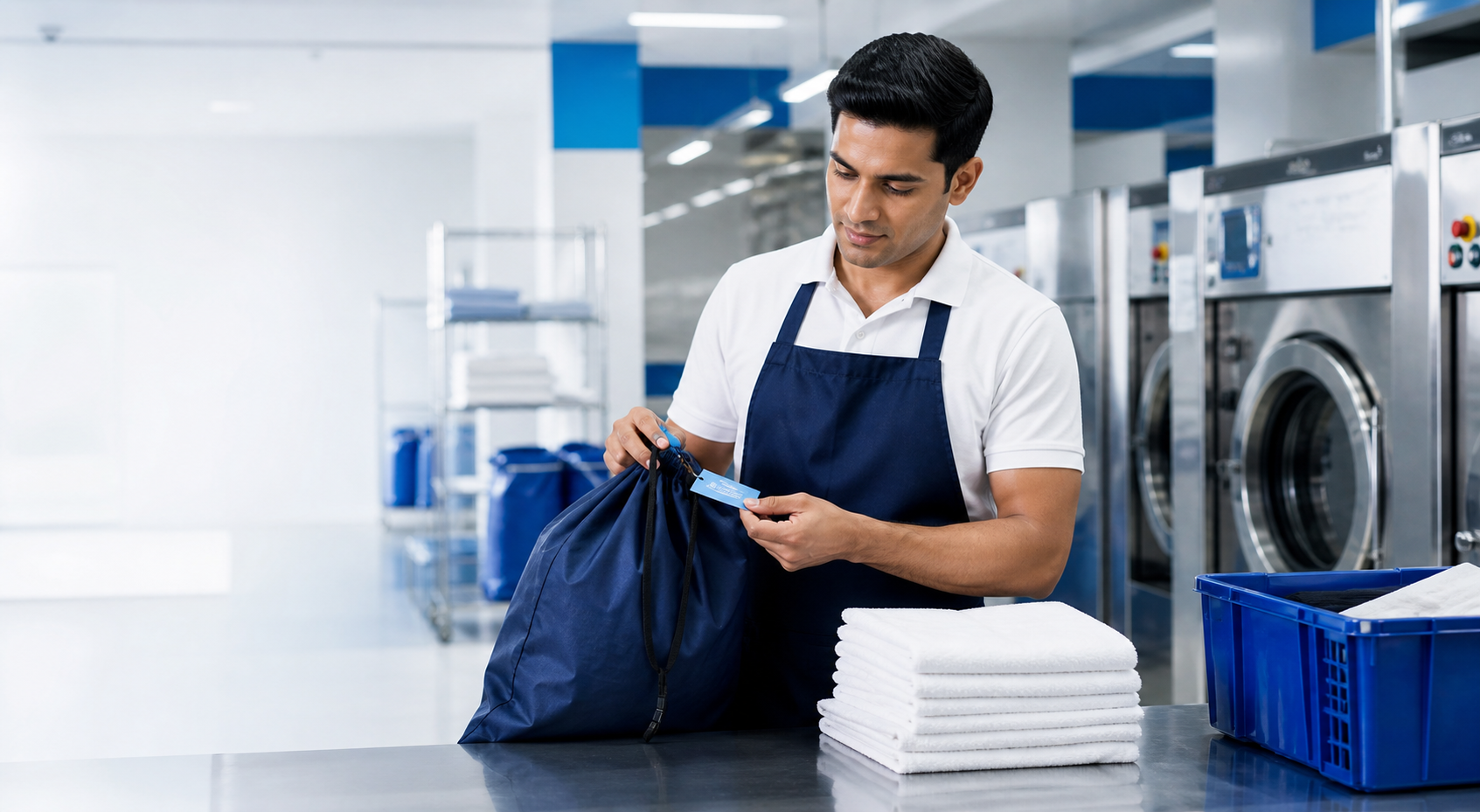 ZEST laundry professional checking a tagged laundry bag