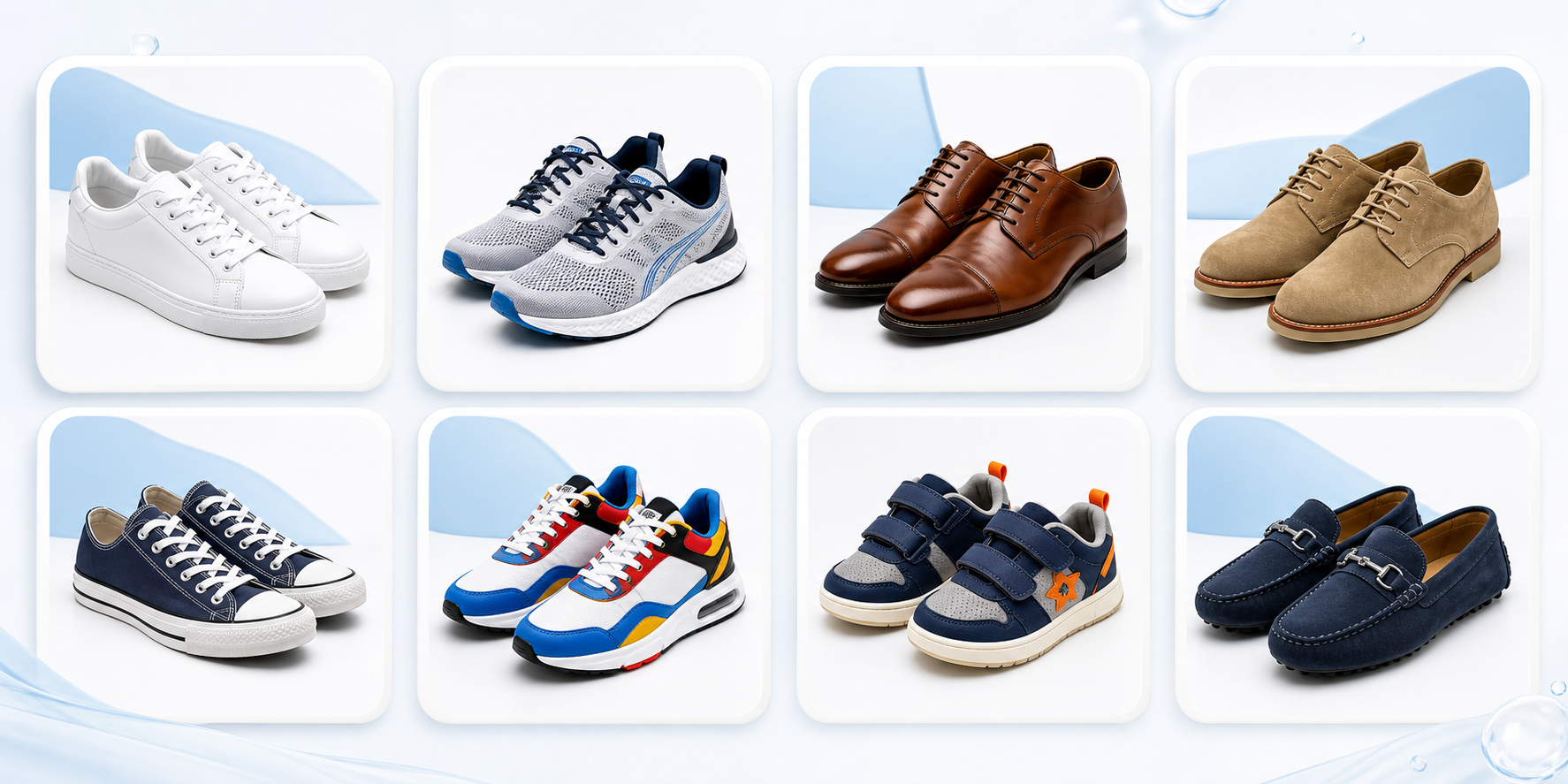 Clean footwear categories including sneakers, running shoes, leather shoes, suede shoes, canvas shoes, sports shoes, kids shoes and casual footwear