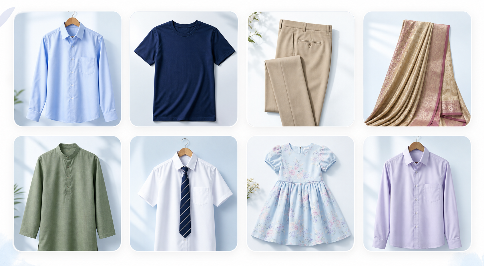 Garments suitable for steam ironing including shirts, t-shirts, trousers, sarees, kurtas, uniforms, dresses and office wear