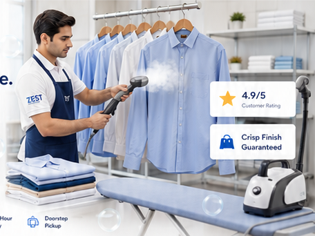 Laundry expert steam ironing blue shirts