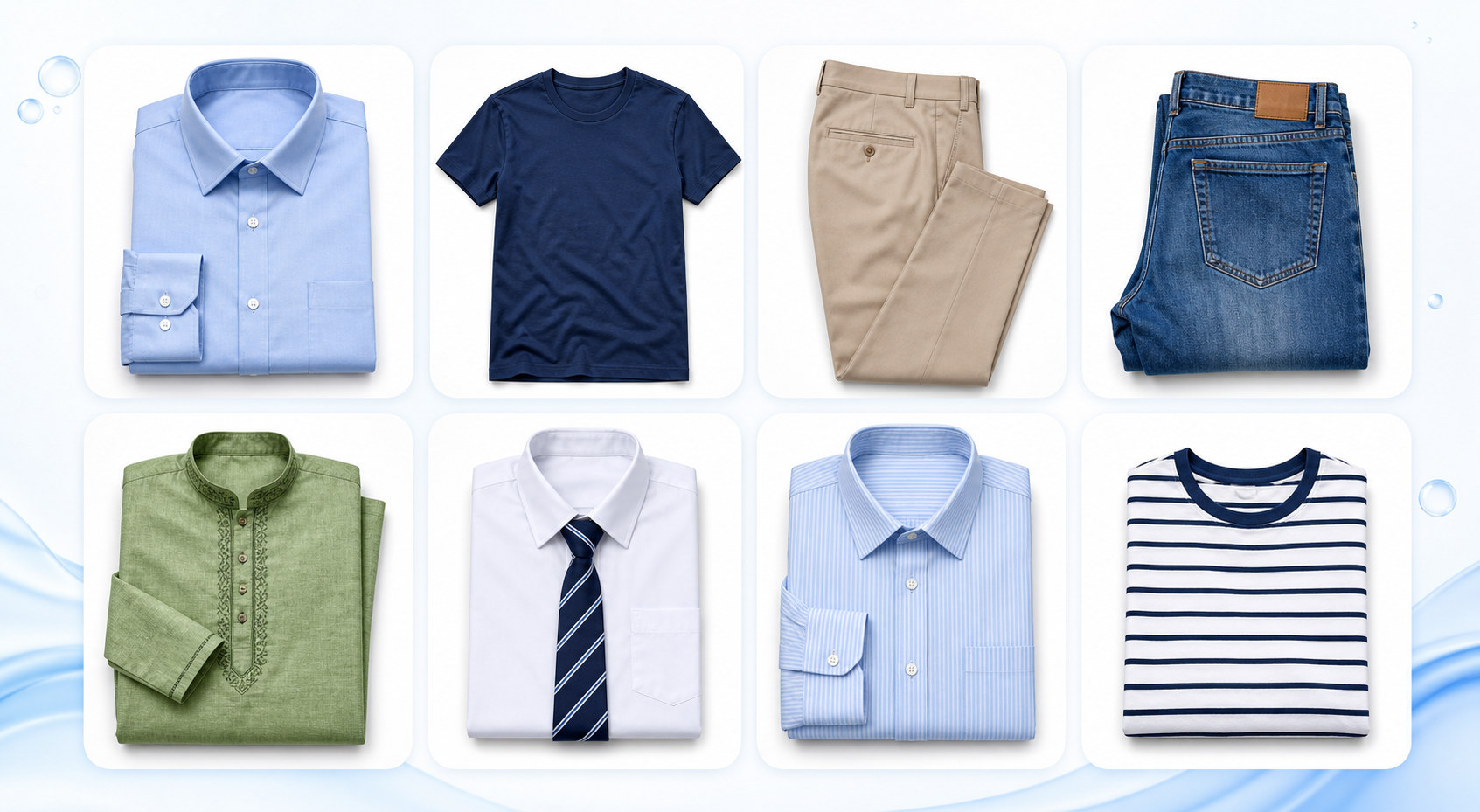 Wash and iron clothing categories including formal shirts, t-shirts, trousers, jeans, kurtas, uniforms and office wear