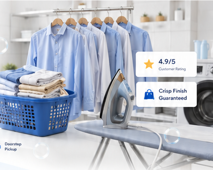 Washed shirts, laundry basket and iron in a clean laundry room